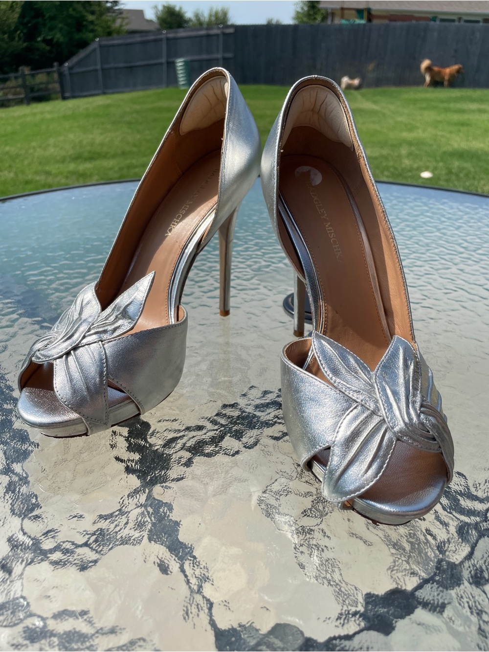 Badgley Mischka Silver Metallic Knotted Peep-Toe Stilettos